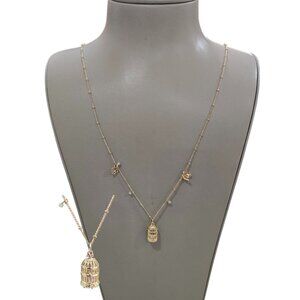 LC Lauren Conrad Women's Gold Tone Bird Cage CZ Long Charm Necklace NWT